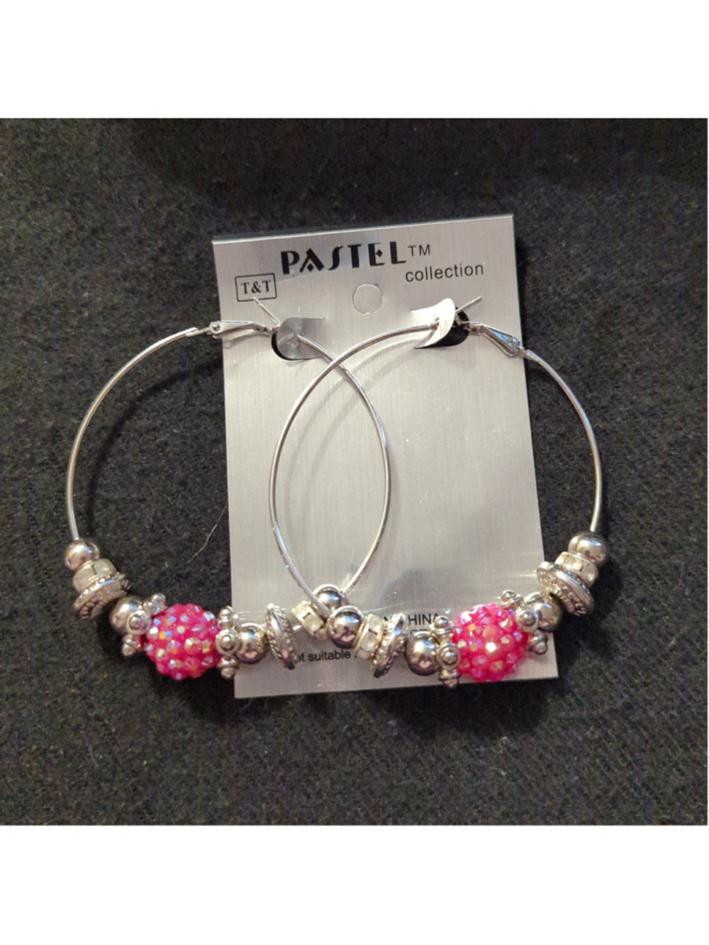 Pastel Collection Silver Tone Pink Rhinestone Beaded Hoop Statement Earrings